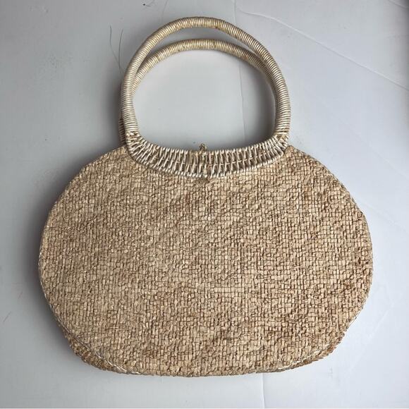 Vintage 1960 Caron Straw Wicker Round Seashell Embellished Purse Handbag Beige - Picture 2 of 14